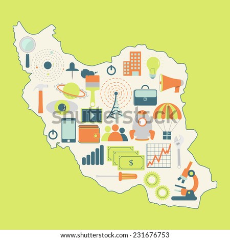 Map of Iran with technology icons. Contour map of Iran with icons of technology, business, science, communication