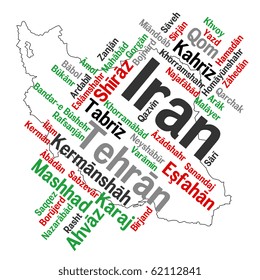 Map of Iran and text design with major cities