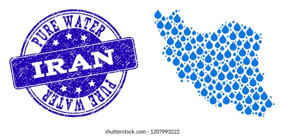Map of Iran vector mosaic and Pure Water grunge stamp. Map of Iran formed with blue water dews. Seal with grunge rubber texture for pure drinking water.