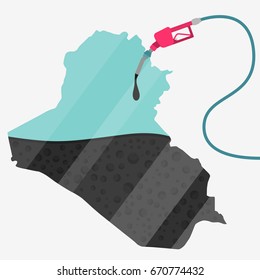 Map of Iraq being fueled by oil. Gas pump fueled map. On the map there is glass reflection. Conceptual. Oil producing or importing countries.