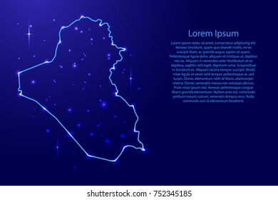 Map Iraq from the contours network blue, luminous space stars for banner, poster, greeting card, of vector illustration