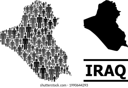 Map of Iraq for political propaganda. Vector population mosaic. Mosaic map of Iraq organized of guy pictograms. Demographic concept in dark gray color tints.