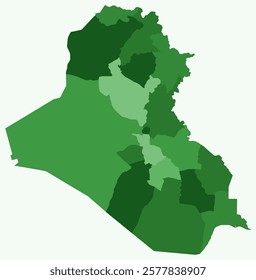 Map of Iraq with regions. Just a simple country border map with region division. Green color palette. Flat Iraq shape with administrative division. Vector illustration.