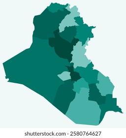 Map of Iraq with regions. Just a simple country border map with region division. Teal color palette. Plain Iraq shape with administrative division. Vector illustration.