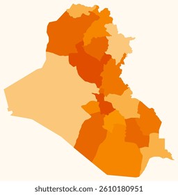 Map of Iraq with regions. A simple country border map with regional divisions in an orange color palette. Vector illustration.
