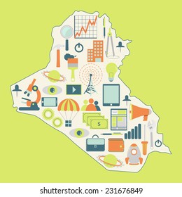 Map of Iraq with technology icons. Contour map of Iraq with icons of technology, business, science, communication