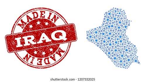 Map of Iraq vector mosaic and Made In grunge stamp. Map of Iraq designed with blue wheel links. Made in red seal with grunge rubber texture.