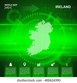 Map Of Ireland, Abstract Green background, pixel vector illustration