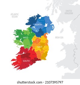 Map of the Ireland with administrative divisions of the country into provinces and counties, detailed vector illustration