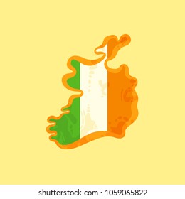 Map of Ireland colored with Irish flag and marked with golden line in grunge vintage style.