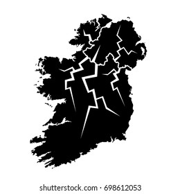 Map of Ireland with cracks from borderline. Tension between Irish state and Northern Ireland, part of United Kingdom of Great Britain 
