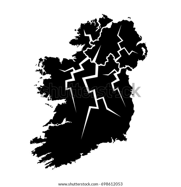 Map of Ireland with cracks from borderline. Tension\
between Irish state and Northern Ireland, part of United Kingdom of\
Great Britain 