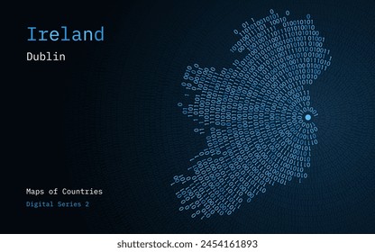 A map of Ireland depicted in zeros and ones in the form of a circle. The capital, Dublin, is shown in the center of the circle	