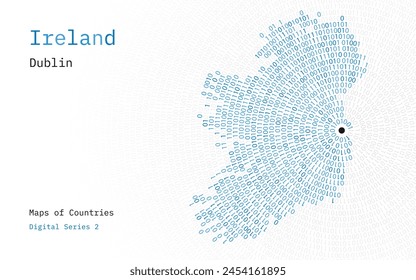 A map of Ireland depicted in zeros and ones in the form of a circle. The capital, Dublin, is shown in the center of the circle	