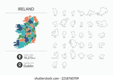 Map of Ireland with detailed country map. Map elements of cities, total areas and capital.