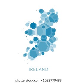 map of ireland filled with abstract mosaic of hexagons of different sizes and degrees of transparency on white background