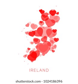 map of ireland filled with abstract mosaic of hearts of different sizes and degrees of transparency on white background