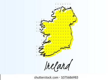 Map of Ireland, halftone abstract background. The black dots on a yellow background. drawn border line. vector illustration