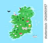 Map of Ireland with Irish symbols. 