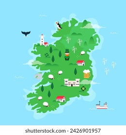 Map of Ireland with Irish symbols. 