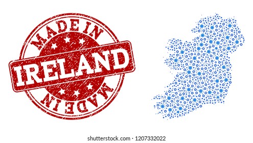Map of Ireland Island vector mosaic and Made In grunge stamp. Map of Ireland Island composed with blue cog connections. Made in red seal with grunge rubber texture.