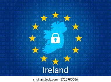 Map of Ireland, with lock and binary code background. europe union internet blocking, virus attack, privacy protect. vector illustration
