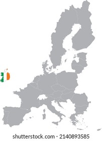 Map of Ireland with national flag within the gray map of European Union countries