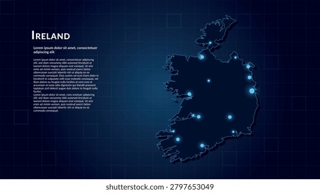 Map of Ireland. Neon lights on dark background highlighting the major cities. Illustration of the digital map in blue. Technological connectivity of the geographic area