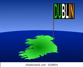 map of Ireland with position of Dublin marked by flag pole illustration