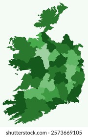 Map of Ireland with regions. Just a simple country border map with region division. Green color palette. Plain Ireland shape with administrative division. Vector illustration.