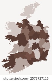 Map of Ireland with regions. Just a simple country border map with region division. Brown color palette. Flat Ireland shape with administrative division. Vector illustration.