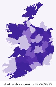 Map of Ireland with regions. Just a simple country border map with region division. Deep purple color palette. Plain Ireland shape with administrative division. Vector illustration.