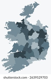 Map of Ireland with regions. Just a simple country border map with region division. Blue grey color palette. Flat Ireland shape with administrative division. Vector illustration.