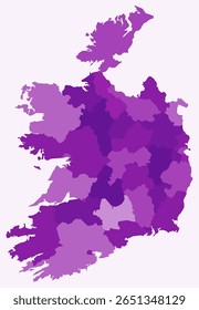 Map of Ireland with regions. Just a simple country border map with region division. Purple color palette. Blank Ireland shape with administrative division. Vector illustration.