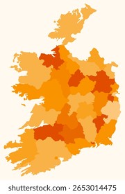 Map of Ireland with regions. Just a simple country border map with region division. Orange color palette. Blank Ireland shape with administrative division. Vector illustration.
