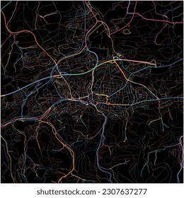 Map of Iserlohn, North Rhine-Westphalia with all major and minor roads, railways and waterways. Colorful line art on black background.