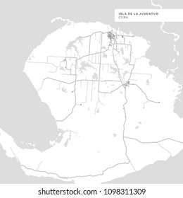 Map of Isla de la Juventud Island, Cuba, contains geography outlines for land mass, water, major roads and minor roads.