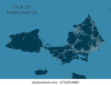 map of Isla de Margarita is displayed in a monochromatic blue color scheme. The island's shape is clearly defined, with intricate details showing roads and urban areas.