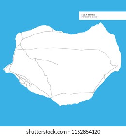 Map of Isla Mona, Puerto Rico, contains geography outlines for land mass, water, major roads and minor roads.