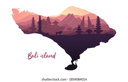 Karte der Insel Bali mit abstrakter Landschaft der indonesischen Insel Bali mit den wichtigsten Attraktionen