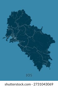 Karte der Insel IOS. Die Karte ist in blauen Farbtönen gehalten, wobei die Insel selbst in einem dunkleren Teal und das umliegende Wasser in einem helleren Teal liegt.
