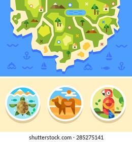 Map of island, ocean with animals emblems. Summer vacation, sea rest. Vector flat illustration