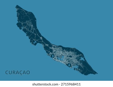 Mapa de la isla de Curazao. La isla está representada en un color verde azulado oscuro, con carreteras y áreas urbanas representadas en un tono más claro de verde azulado, creando un contraste que destaca la infraestructura de la isla.