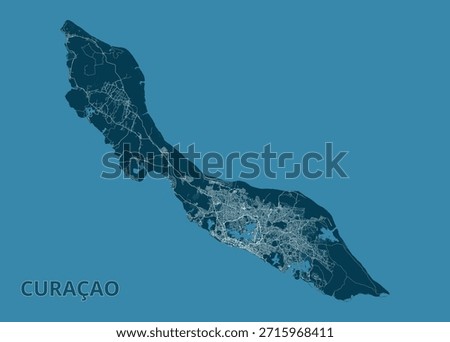 Map of Curaçao Island. The island is rendered in a dark teal color, with roads and urban areas depicted in a lighter shade of teal, creating a contrast that highlights the island's infrastructure.