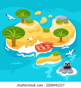 Map of the island with the sea. Background for games, design. Ocean, palm trees, treasures and mountains, boat and seagulls. Vector illustration.