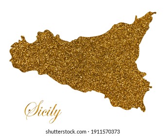 Map of the island of Sicily. Silhouette with golden glitter texture. Vector Illustration
