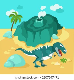 Map of island with volcano and dinosaur. Predatory animal Tyrannosaurus rex. Scene, background for games, design, puzzles. Ocean, palm tree, nature. Vector illustration.