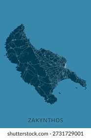 Map of the island of Zakynthos, Greece, presented in a dark teal color against a solid teal background. The map highlights the island's road network with thin white lines