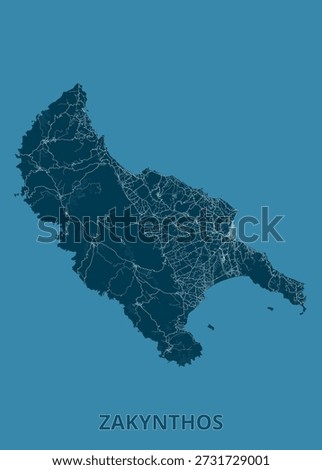 Map of the island of Zakynthos, Greece, presented in a dark teal color against a solid teal background. The map highlights the island's road network with thin white lines