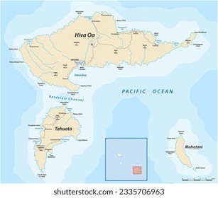 Map of the islands of Hiva Oa, Tahuata, and Mohotani, Marquesas Islands in French Polynesia